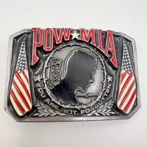 VTG POW MIA Belt Buckle You Are Not Forgotten Military Bergamot Pewter Enamel